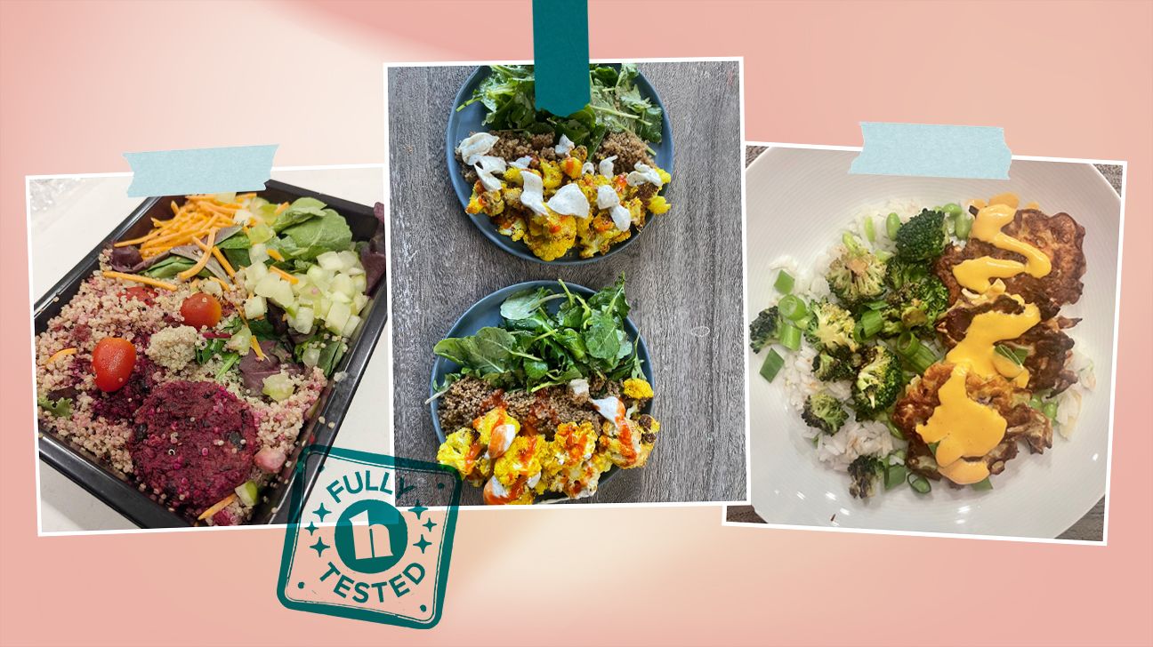 Best Vegan and Plant-Based Meal Delivery shown by tester photos of Purple Carrot, Sprinly, and Green Chef meals, isolated over pink background.