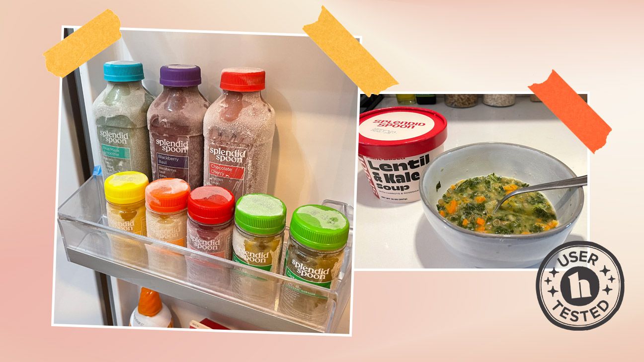 Splendid Spoon Kale & Lentil Soup, Blue Majik Smoothie, and Split pea soup meals, photos by tester Naomi Farr.